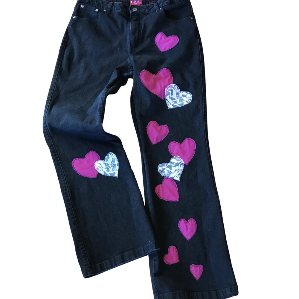 Upcycled Patchwork Jeans, Handmade Magenta & Lace Patches Black Denim Size 14